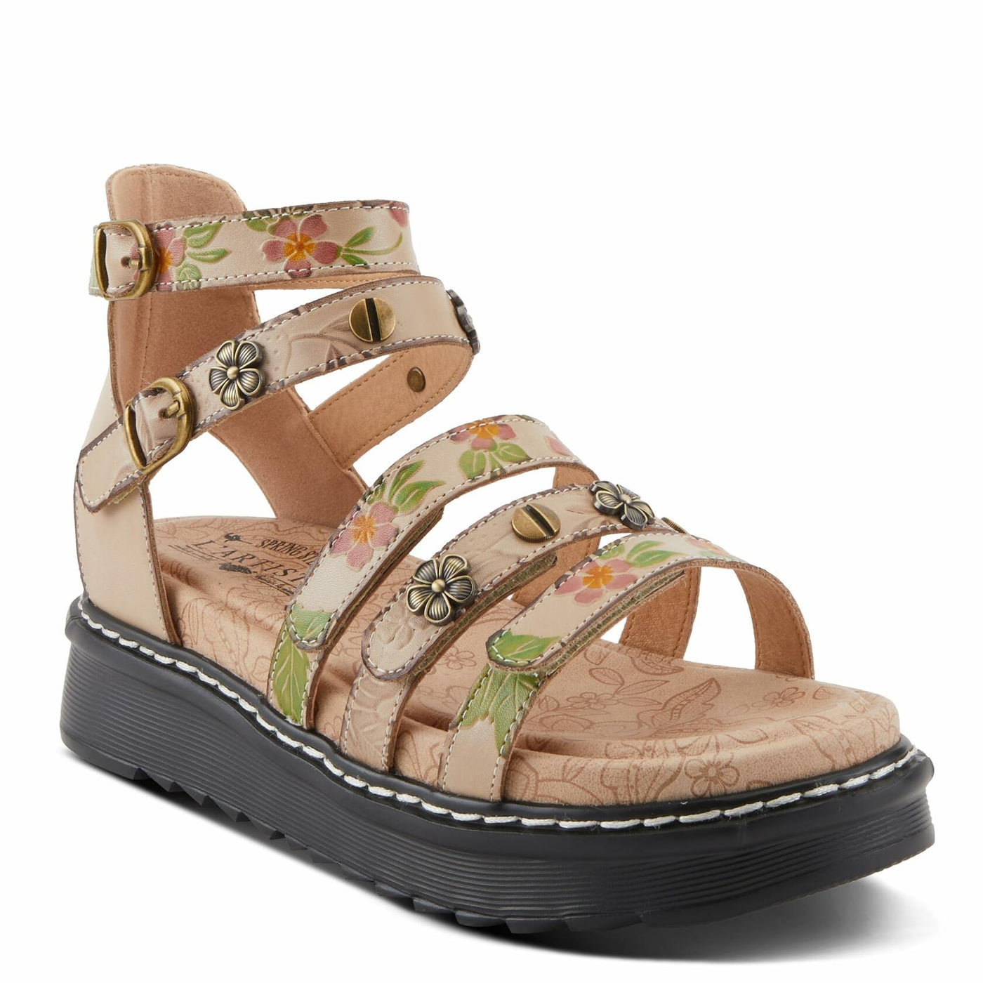 Spring Step L'Artiste Women's Selyse Flatform Sandals - Adjustable Straps, Hand-Painted Floral Artistry Beige Multi EU 39 / US 8.5