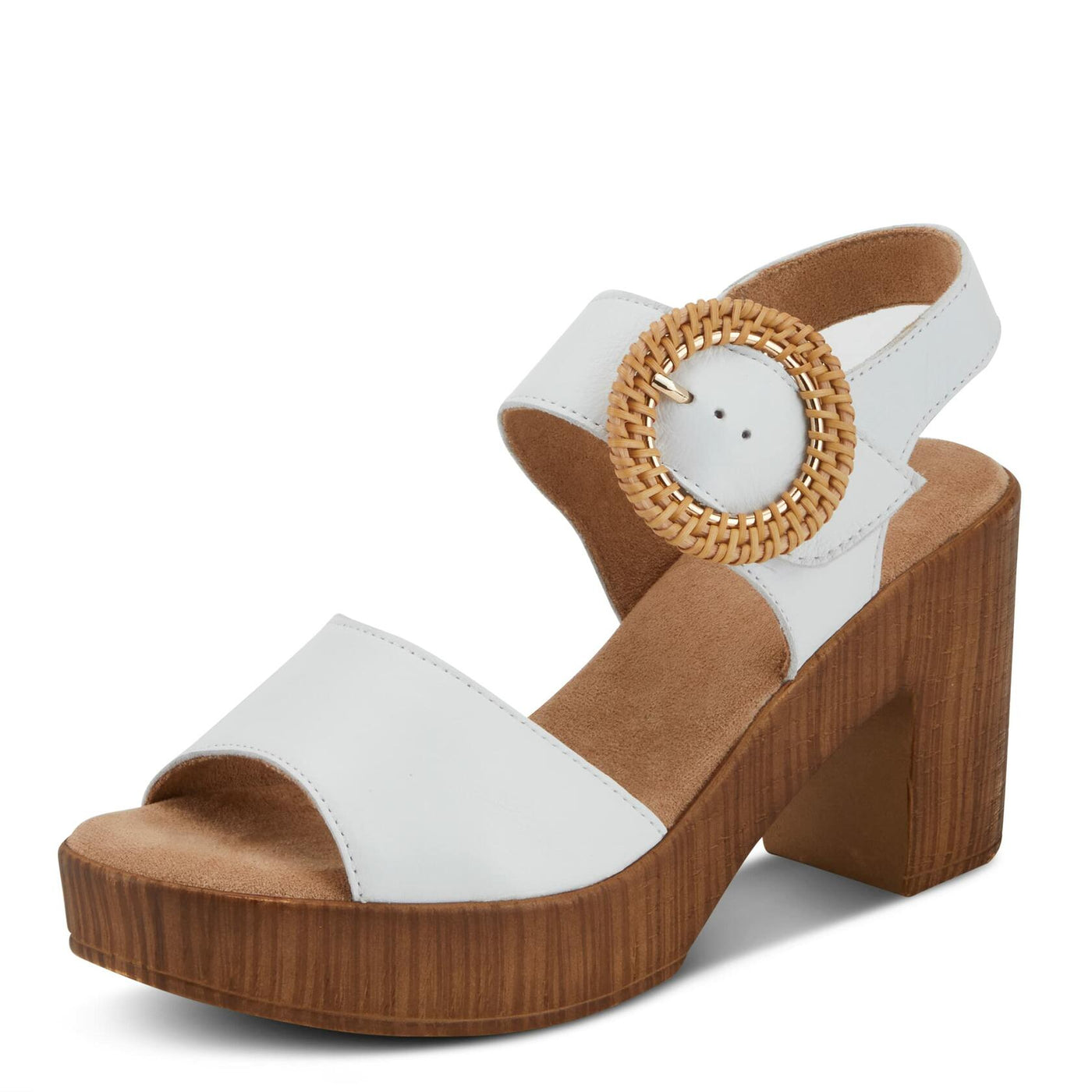Spring Step Women's Gamona Ankle-Strap Heeled Sandal with Decorative Buckle - Cork Chunky High Heel White EU 38/7.5-8