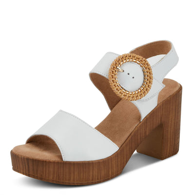Spring Step Women's Gamona Ankle-Strap Heeled Sandal with Decorative Buckle - Cork Chunky High Heel White EU 38/7.5-8