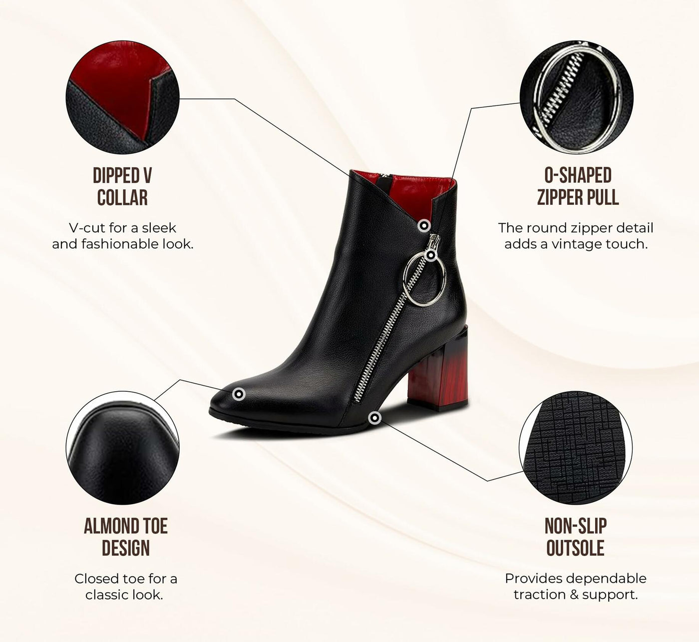 Azura Spring Step Fabulosa V Collar Ankle Boots for Women - Premium Leather Women's Chelsea Boots with Side Zippers - Black EU 38 / US 7.5-8