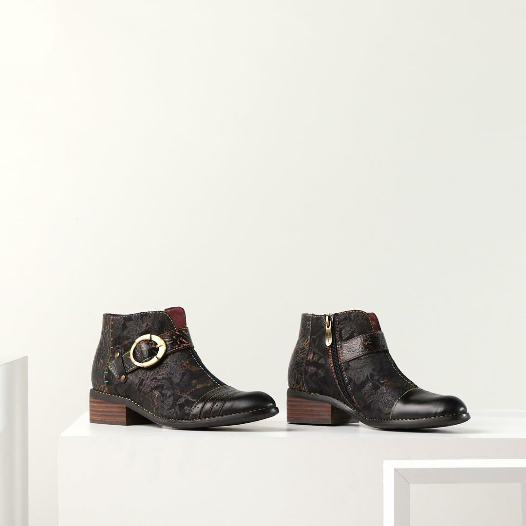 L'Artiste Women's Georgiana Chelsea Boot – Hand-Painted Leather with Metallic Microsuede, Decorative Buckle, and Rainbow Stitching Black Multi EU 37/6.5-7