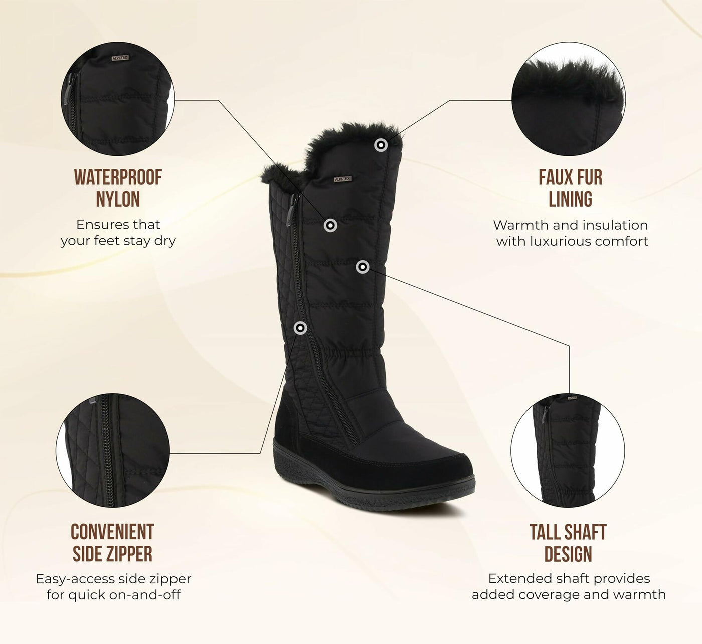 Spring Step Flexus Mireya Tall Boots for Women - Waterproof Nylon Women's Snow Boots - Faux Fur Winter Boots with Side Zipper - Black EU 38 / US 7.5-8