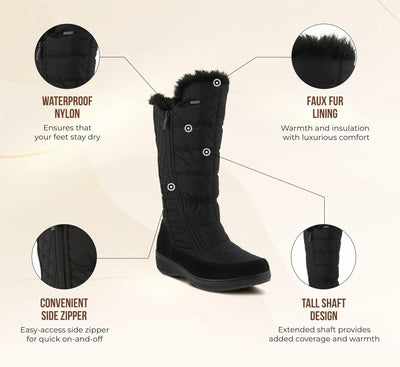 Spring Step Flexus Mireya Tall Boots for Women - Waterproof Nylon Women's Snow Boots - Faux Fur Winter Boots with Side Zipper - Black EU 38 / US 7.5-8