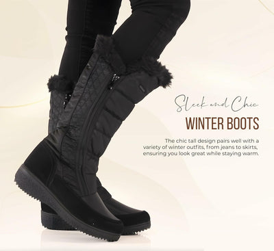 Spring Step Flexus Mireya Tall Boots for Women - Waterproof Nylon Women's Snow Boots - Faux Fur Winter Boots with Side Zipper - Black EU 38 / US 7.5-8