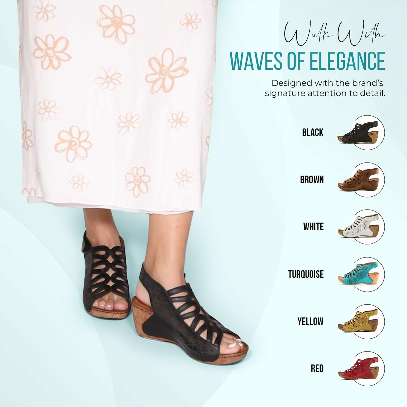 Spring Step Inocencia Women's Leather Wedge Sandals | Low Heel Sandals for Women with Floral Laser Cut Design, Hook and Loop Strap, Mediterranean Style Black EU 38 / US 7.5-8