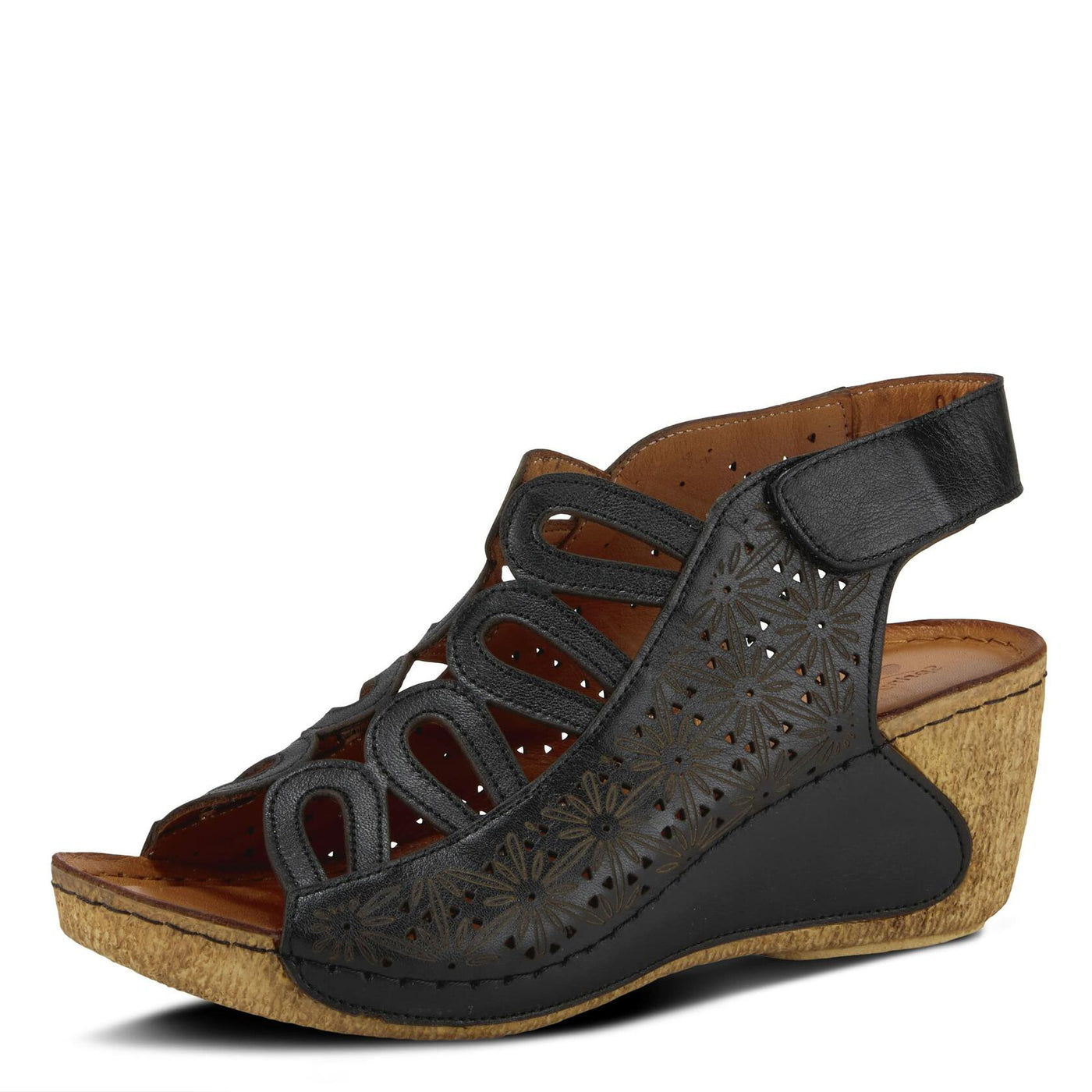 Spring Step Inocencia Women's Leather Wedge Sandals | Low Heel Sandals for Women with Floral Laser Cut Design, Hook and Loop Strap, Mediterranean Style Black EU 38 / US 7.5-8