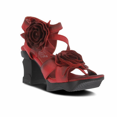 L'Artiste Women's SHELLY Leather Ankle Strap Sandals – Hand-Painted Floral Design, Adjustable Strap, Block Heel Red EU 41/9.5-10