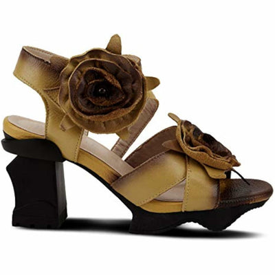 L'Artiste Women's SHELLY Leather Ankle Strap Sandals – Hand-Painted Floral Design, Adjustable Strap, Block Heel Yellow EU 39/8.5