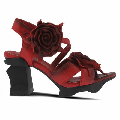 L'Artiste Women's SHELLY Leather Ankle Strap Sandals – Hand-Painted Floral Design, Adjustable Strap, Block Heel Red EU 36/5.5-6