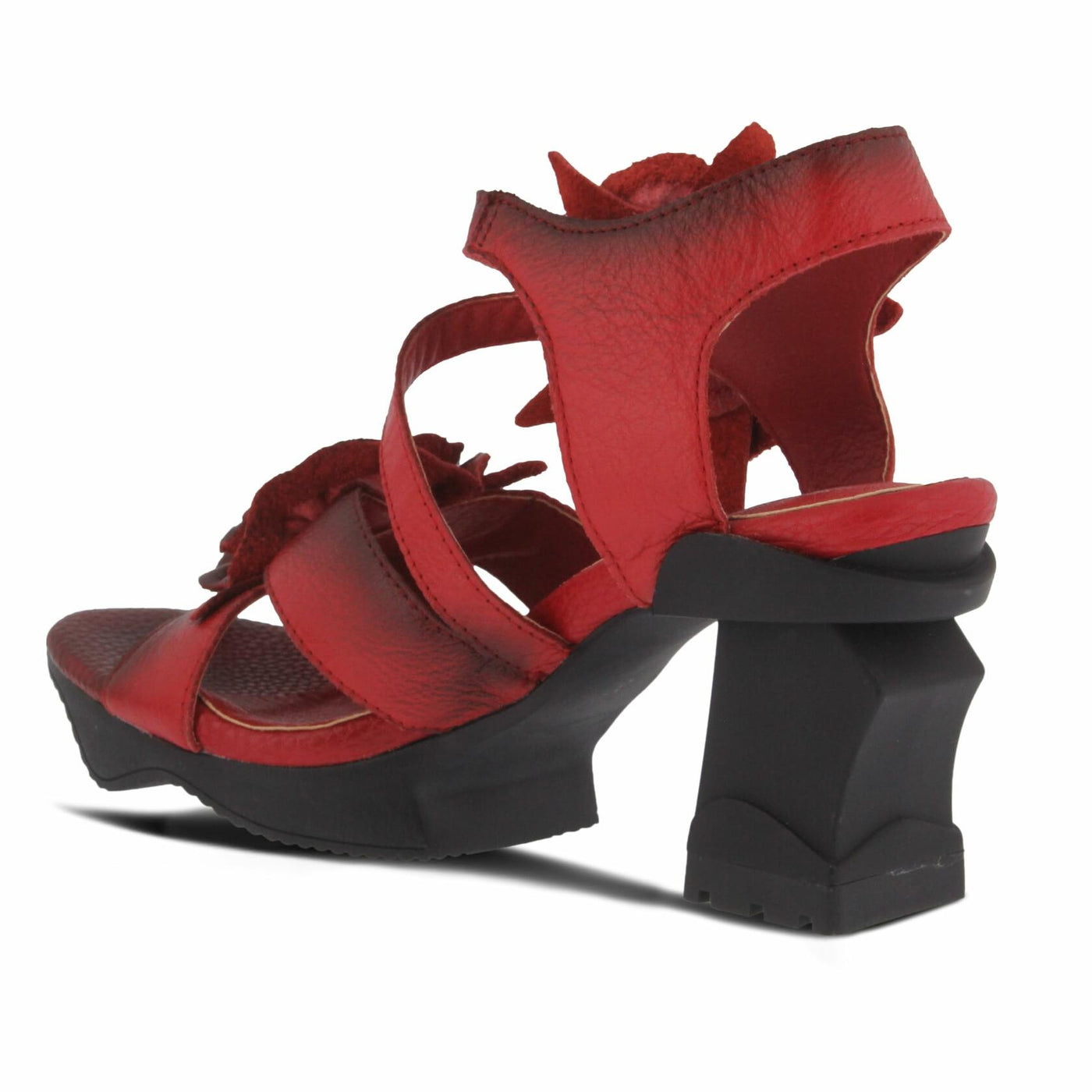 L'Artiste Women's SHELLY Leather Ankle Strap Sandals – Hand-Painted Floral Design, Adjustable Strap, Block Heel Red EU 36/5.5-6