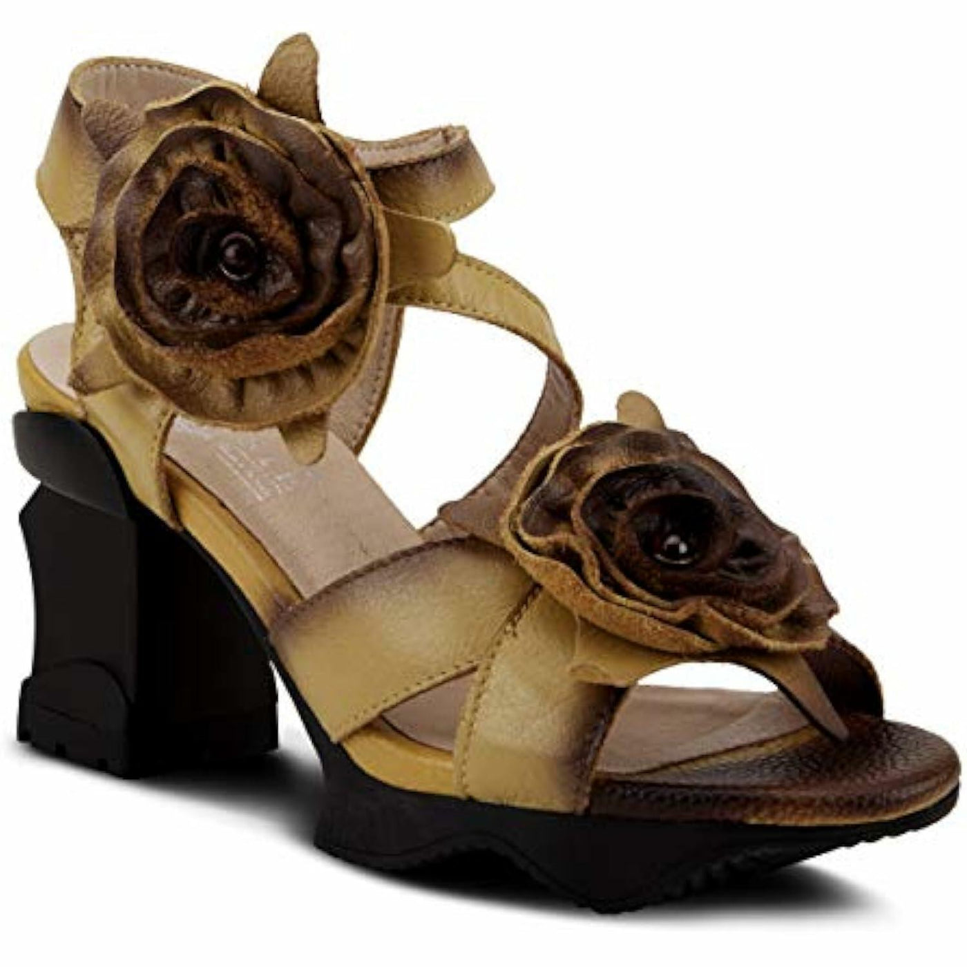 L'Artiste Women's SHELLY Leather Ankle Strap Sandals – Hand-Painted Floral Design, Adjustable Strap, Block Heel Yellow EU 39/8.5