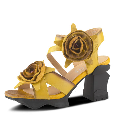 L'Artiste Women's SHELLY Leather Ankle Strap Sandals – Hand-Painted Floral Design, Adjustable Strap, Block Heel Yellow EU 40/9