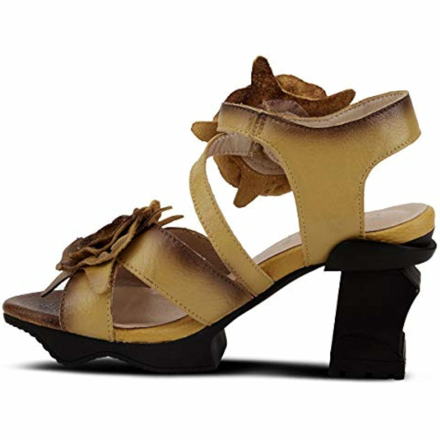 L'Artiste Women's SHELLY Leather Ankle Strap Sandals – Hand-Painted Floral Design, Adjustable Strap, Block Heel Yellow EU 39/8.5