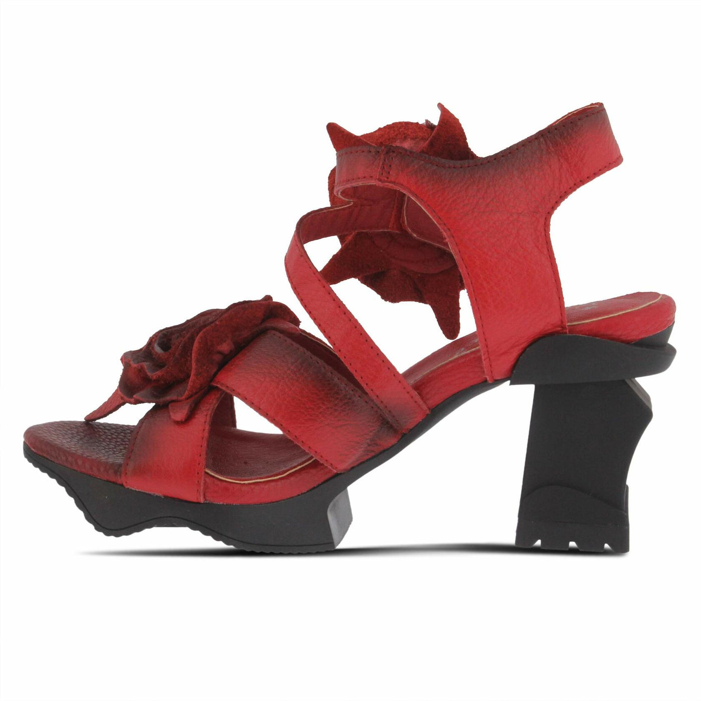 L'Artiste Women's SHELLY Leather Ankle Strap Sandals – Hand-Painted Floral Design, Adjustable Strap, Block Heel Red EU 36/5.5-6
