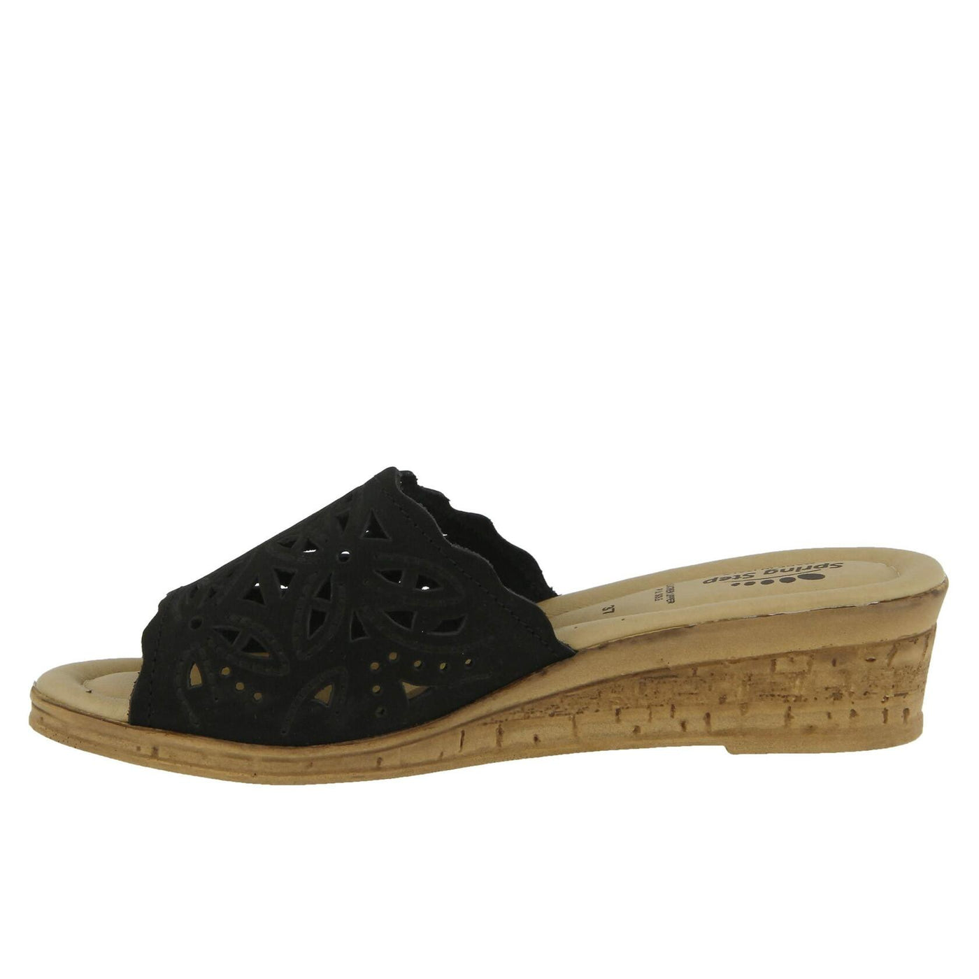 Spring Step Estella Women's Fashion Wedge Slide Sandals – Casual Leather Heel with Geometric Laser-Cut Detailing Black EU 41 / US 9.5-10