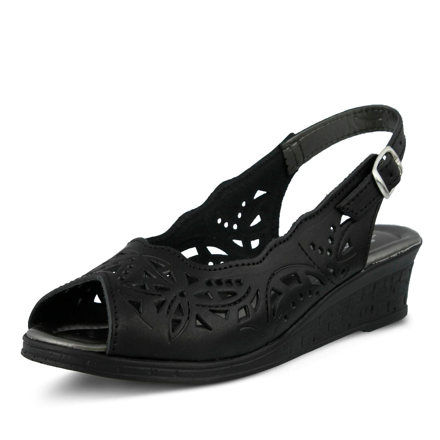 Spring Step Orella Slingback Sandals for Women - Leather Sandals with Adjustable Straps - Women's Sandals with Geometric Laser-Cut Detail - Black EU 40 / US 9