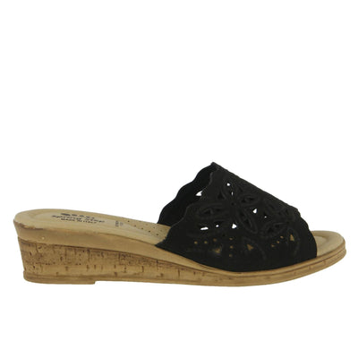 Spring Step Estella Women's Fashion Wedge Slide Sandals – Casual Leather Heel with Geometric Laser-Cut Detailing Black EU 37 / US 6.5-7