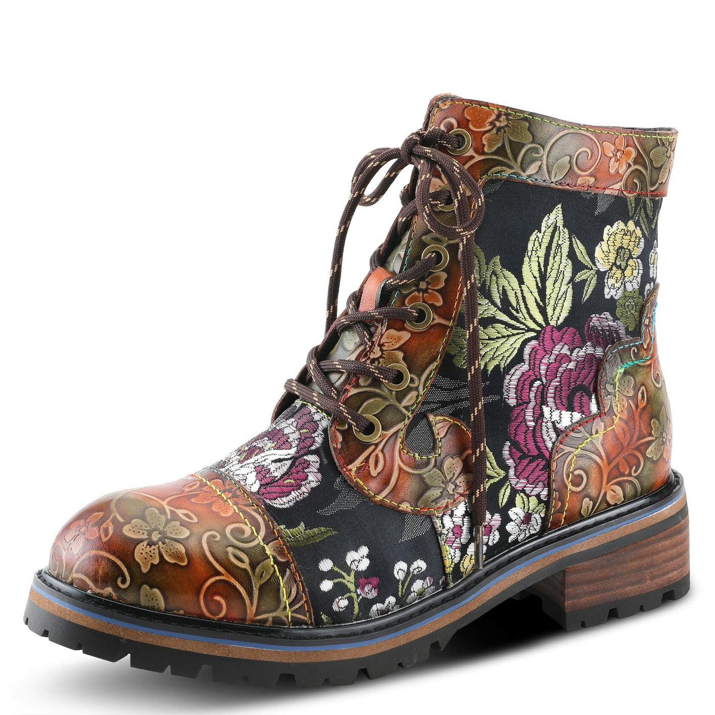 Spring Step L'Artiste Fantastic Booties for Women - Floral Hand Painted Womens Ankle Boots Low Heel - Everyday Wear Leather and Textile Western Booties Brown Multi EU 42 / US 10.5-11