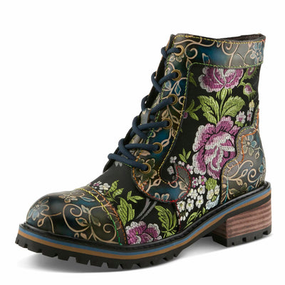 Spring Step L'Artiste Fantastic Booties for Women - Floral Hand Painted Womens Ankle Boots Low Heel - Everyday Wear Leather and Textile Western Booties Blue Multi EU 35/5