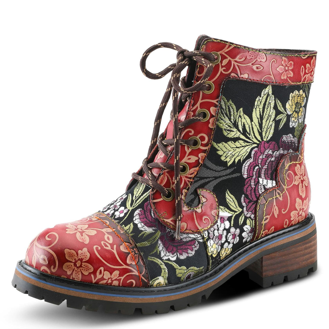 Spring Step L'Artiste Fantastic Booties for Women - Floral Hand Painted Womens Ankle Boots Low Heel - Everyday Wear Leather and Textile Western Booties Red Multi EU 35 / US 5