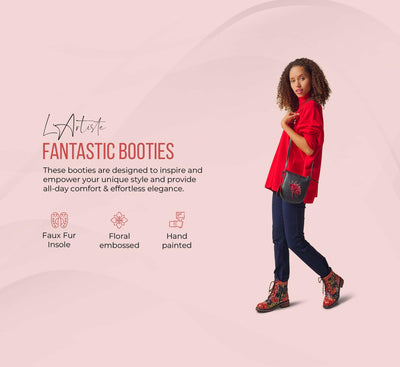 Spring Step L'Artiste Fantastic Booties for Women - Floral Hand Painted Womens Ankle Boots Low Heel - Everyday Wear Leather and Textile Western Booties Red Multi EU 35 / US 5