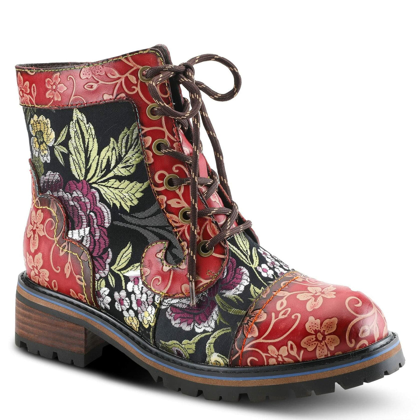 Spring Step L'Artiste Fantastic Booties for Women - Floral Hand Painted Womens Ankle Boots Low Heel - Everyday Wear Leather and Textile Western Booties Red Multi EU 38 / US 7.5-8