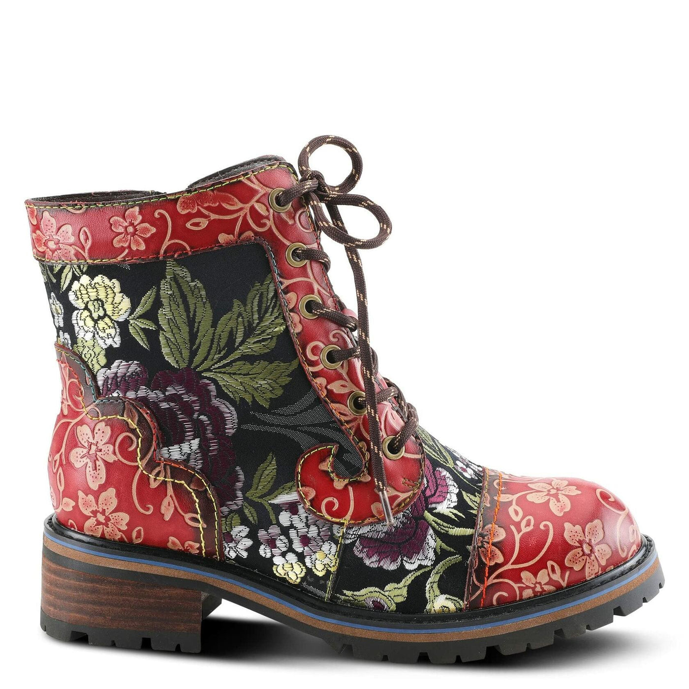 Spring Step L'Artiste Fantastic Booties for Women - Floral Hand Painted Womens Ankle Boots Low Heel - Everyday Wear Leather and Textile Western Booties Red Multi EU 38 / US 7.5-8