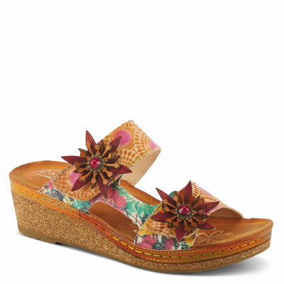 Spring Step L'Artiste Polka Wedge Slide Sandal with Embellished Flower and Asymmetrical Strap Camel Multi EU 37/6.5-7