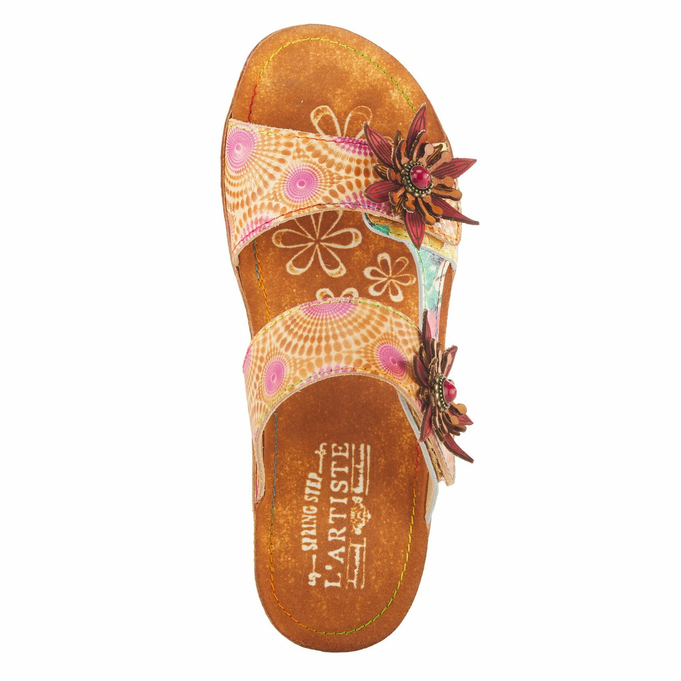 Spring Step L'Artiste Polka Wedge Slide Sandal with Embellished Flower and Asymmetrical Strap Camel Multi EU 37/6.5-7