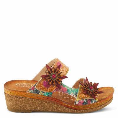 Spring Step L'Artiste Polka Wedge Slide Sandal with Embellished Flower and Asymmetrical Strap Camel Multi EU 37/6.5-7