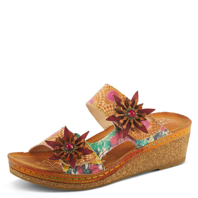 Spring Step L'Artiste Polka Wedge Slide Sandal with Embellished Flower and Asymmetrical Strap Camel Multi EU 37/6.5-7