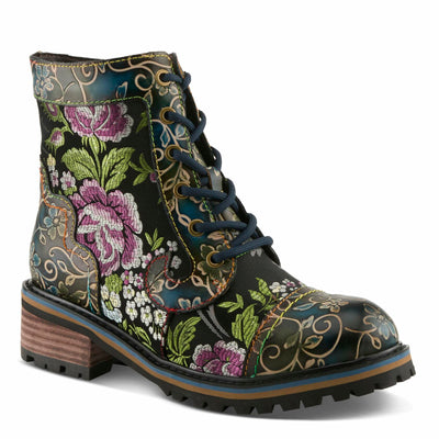 Spring Step L'Artiste Fantastic Booties for Women - Floral Hand Painted Womens Ankle Boots Low Heel - Everyday Wear Leather and Textile Western Booties Blue Multi EU 38/7.5-8