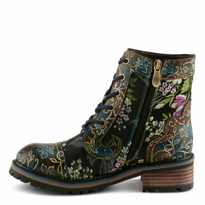 Spring Step L'Artiste Fantastic Booties for Women - Floral Hand Painted Womens Ankle Boots Low Heel - Everyday Wear Leather and Textile Western Booties Blue Multi EU 38/7.5-8