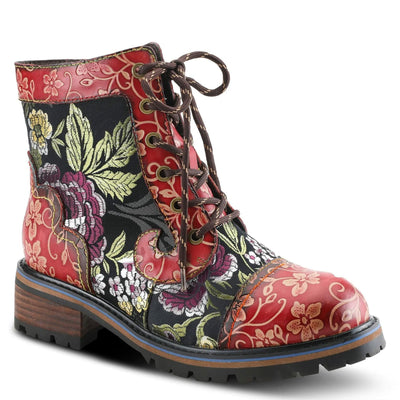 Spring Step L'Artiste Fantastic Booties for Women - Floral Hand Painted Womens Ankle Boots Low Heel - Everyday Wear Leather and Textile Western Booties Red Multi EU 36 / US 5.5-6