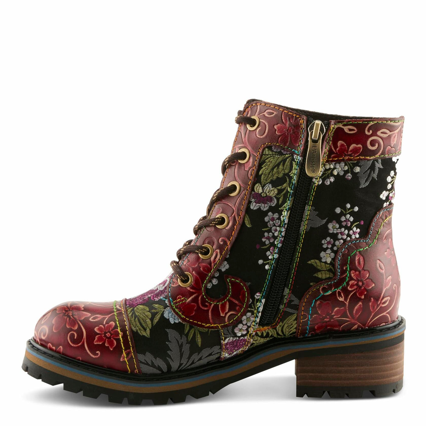Spring Step L'Artiste Fantastic Booties for Women - Floral Hand Painted Womens Ankle Boots Low Heel - Everyday Wear Leather and Textile Western Booties Red Multi EU 40 / US 9