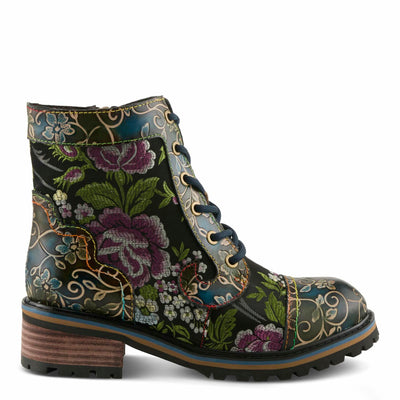 Spring Step L'Artiste Fantastic Booties for Women - Floral Hand Painted Womens Ankle Boots Low Heel - Everyday Wear Leather and Textile Western Booties Blue Multi EU 39/8.5