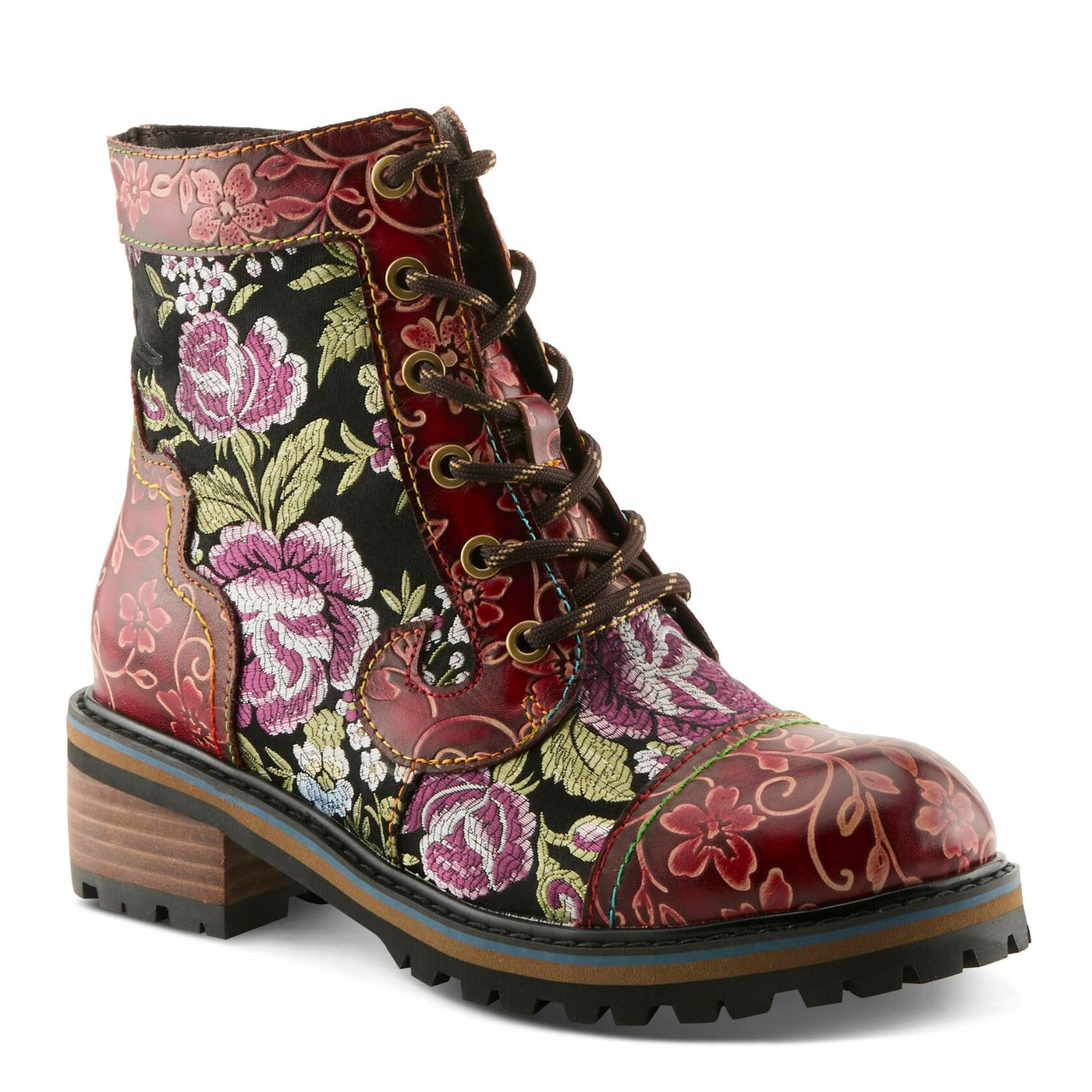 Spring Step L'Artiste Fantastic Booties for Women - Floral Hand Painted Womens Ankle Boots Low Heel - Everyday Wear Leather and Textile Western Booties Red Multi EU 40 / US 9