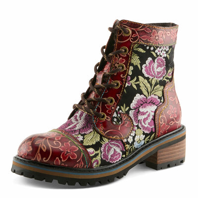 Spring Step L'Artiste Fantastic Booties for Women - Floral Hand Painted Womens Ankle Boots Low Heel - Everyday Wear Leather and Textile Western Booties Red Multi EU 40 / US 9