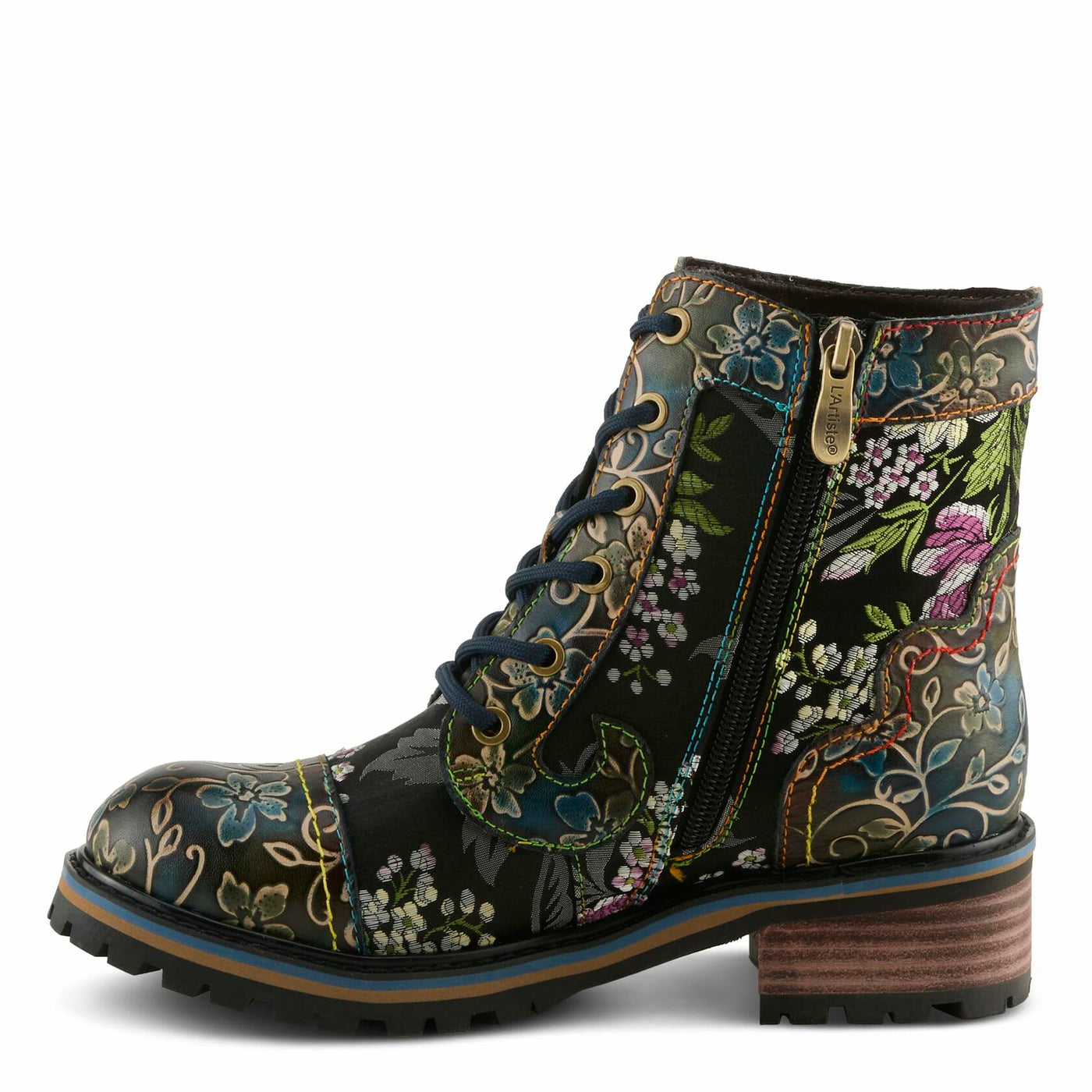 Spring Step L'Artiste Fantastic Booties for Women - Floral Hand Painted Womens Ankle Boots Low Heel - Everyday Wear Leather and Textile Western Booties Blue Multi EU 39/8.5