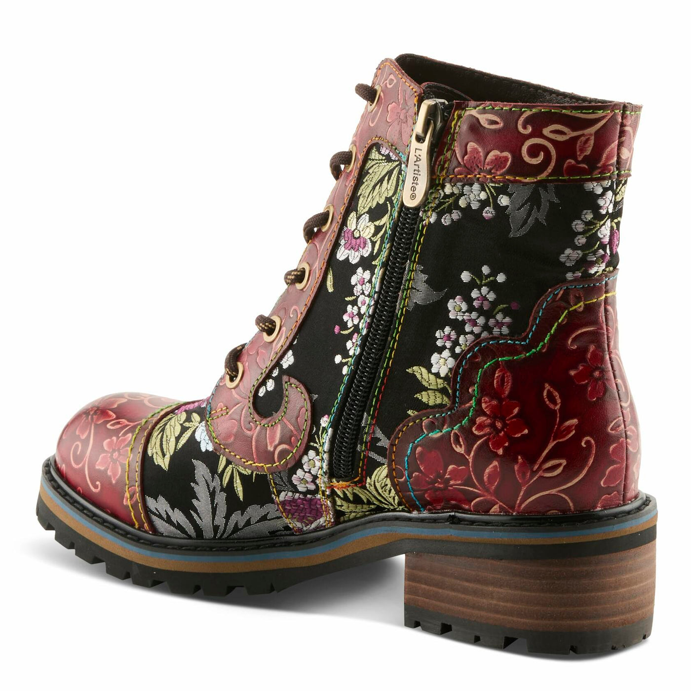 Spring Step L'Artiste Fantastic Booties for Women - Floral Hand Painted Womens Ankle Boots Low Heel - Everyday Wear Leather and Textile Western Booties Red Multi EU 40 / US 9