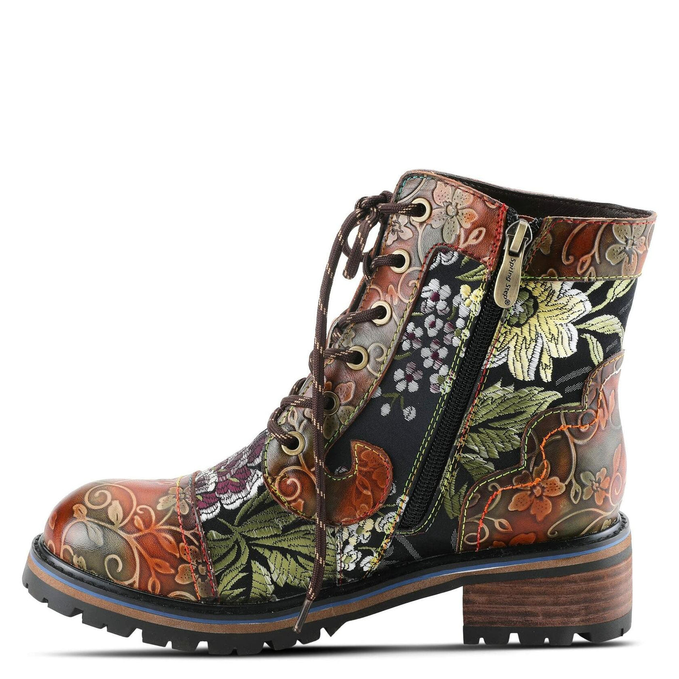Spring Step L'Artiste Fantastic Booties for Women - Floral Hand Painted Womens Ankle Boots Low Heel - Everyday Wear Leather and Textile Western Booties Brown Multi EU 38 / US 7.5-8