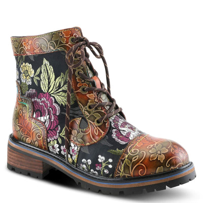 Spring Step L'Artiste Fantastic Booties for Women - Floral Hand Painted Womens Ankle Boots Low Heel - Everyday Wear Leather and Textile Western Booties Brown Multi EU 38 / US 7.5-8