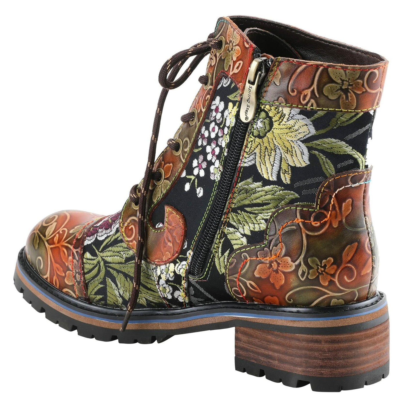 Spring Step L'Artiste Fantastic Booties for Women - Floral Hand Painted Womens Ankle Boots Low Heel - Everyday Wear Leather and Textile Western Booties Brown Multi EU 38 / US 7.5-8
