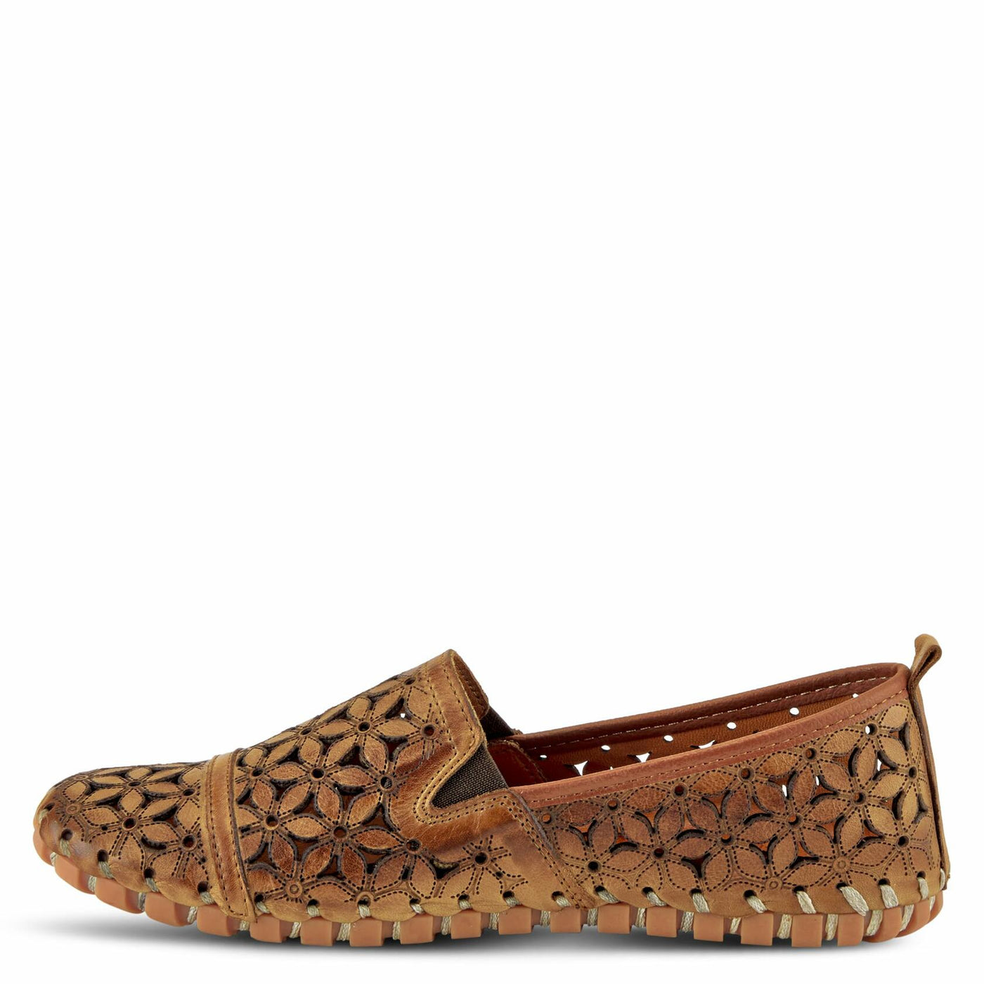 Spring Step Flowerflow Shoes for Women - Leather Womens Loafer with Floral Laser Cutout - Comfortale Slip-On Shoes for Womens Light Brown