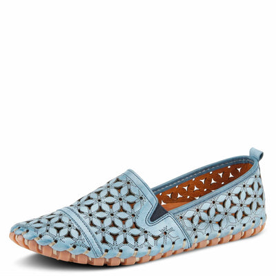 Spring Step Flowerflow Shoes for Women - Leather Womens Loafer with Floral Laser Cutout - Comfortale Slip-On Shoes for Womens Blue