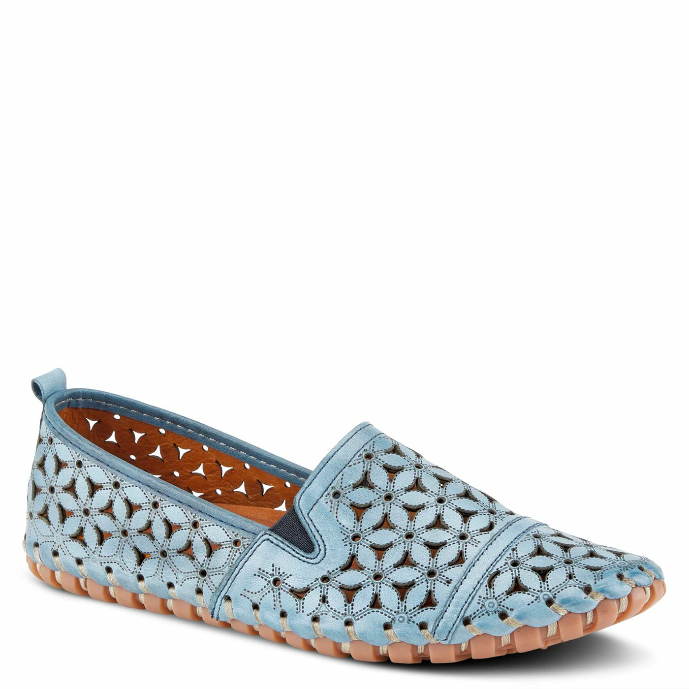 Spring Step Flowerflow Shoes for Women - Leather Womens Loafer with Floral Laser Cutout - Comfortale Slip-On Shoes for Womens Blue