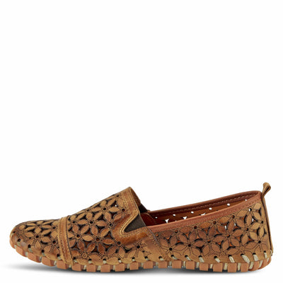 Spring Step Flowerflow Shoes for Women - Leather Womens Loafer with Floral Laser Cutout - Comfortale Slip-On Shoes for Womens Light Brown