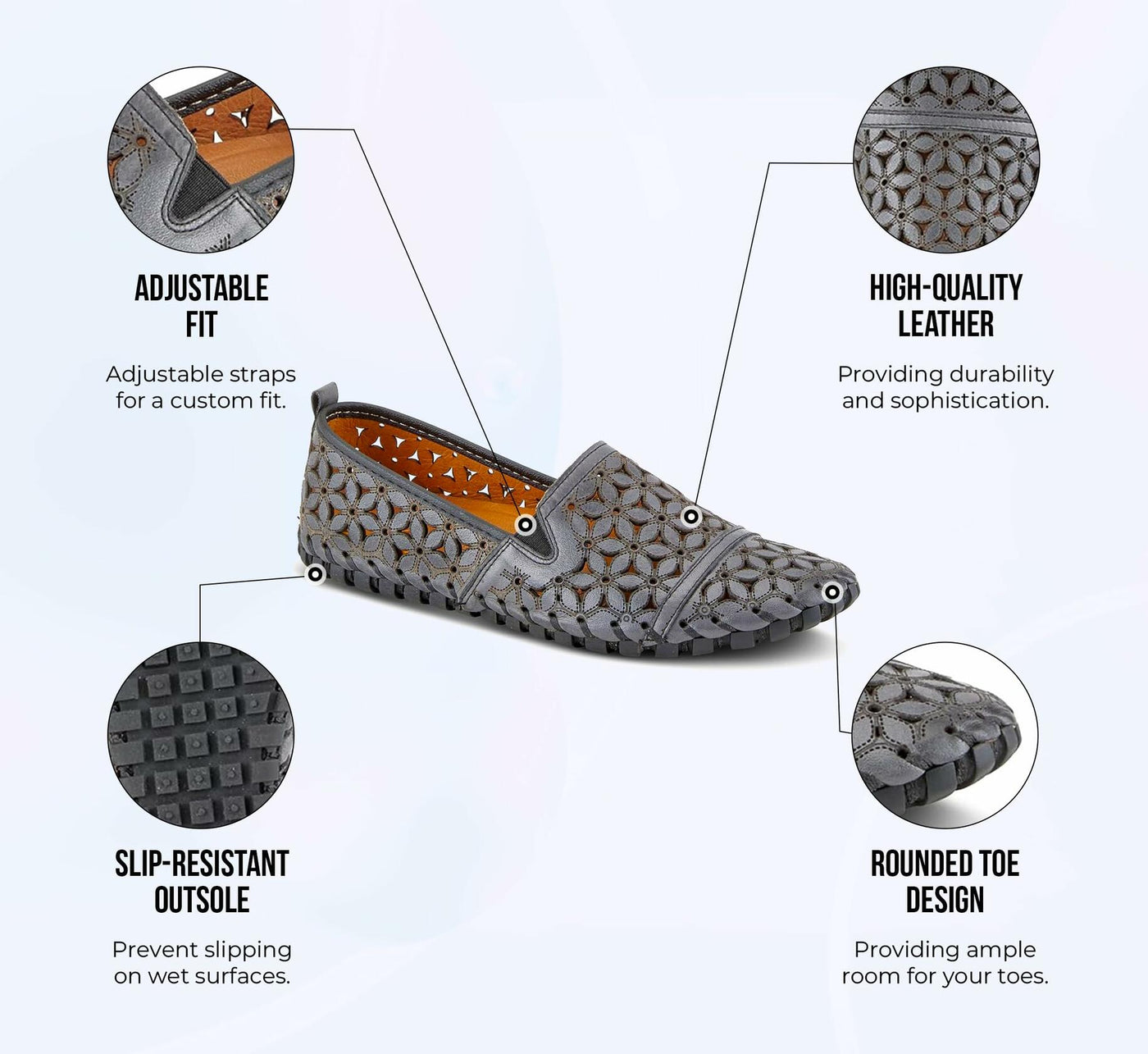 Spring Step Flowerflow Shoes for Women - Leather Womens Loafer with Floral Laser Cutout - Comfortale Slip-On Shoes for Womens Blue