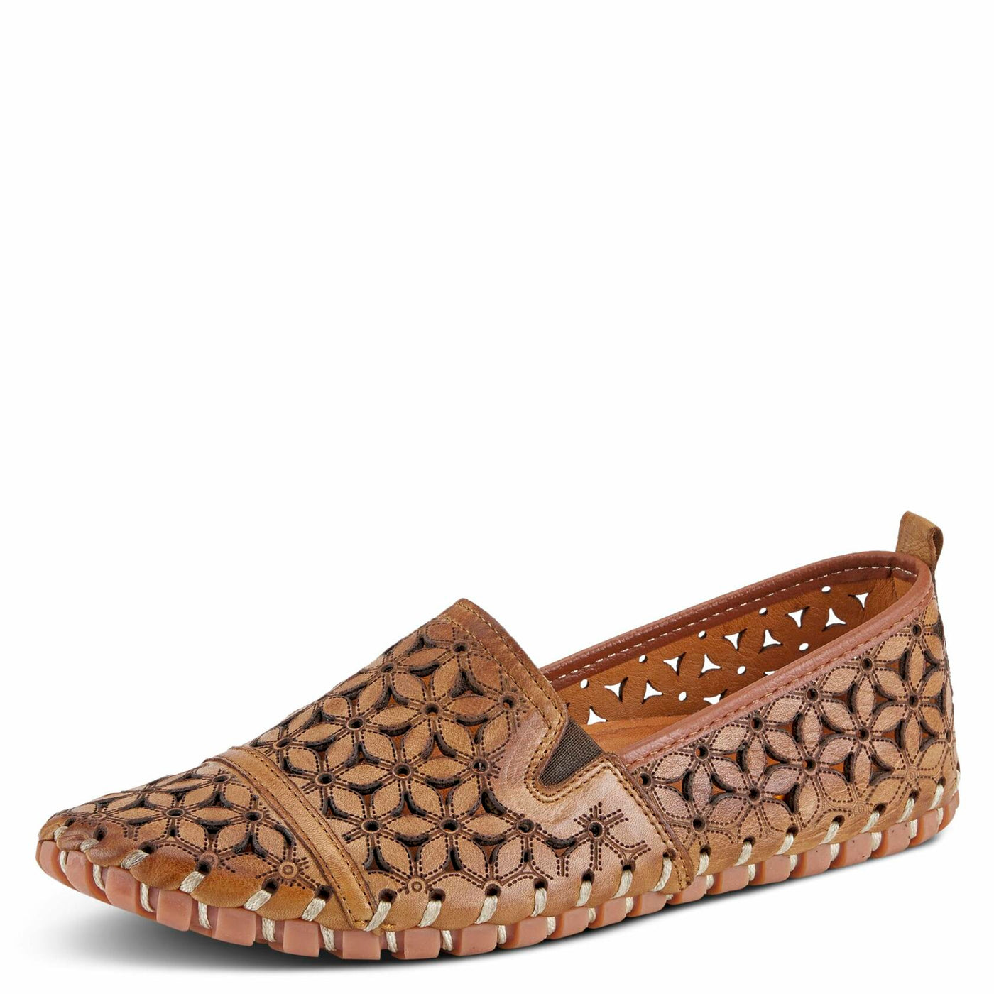 Spring Step Flowerflow Shoes for Women - Leather Womens Loafer with Floral Laser Cutout - Comfortale Slip-On Shoes for Womens Light Brown