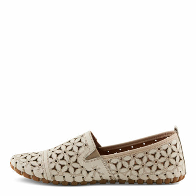 Spring Step Flowerflow Shoes for Women - Leather Womens Loafer with Floral Laser Cutout - Comfortale Slip-On Shoes for Womens Beige